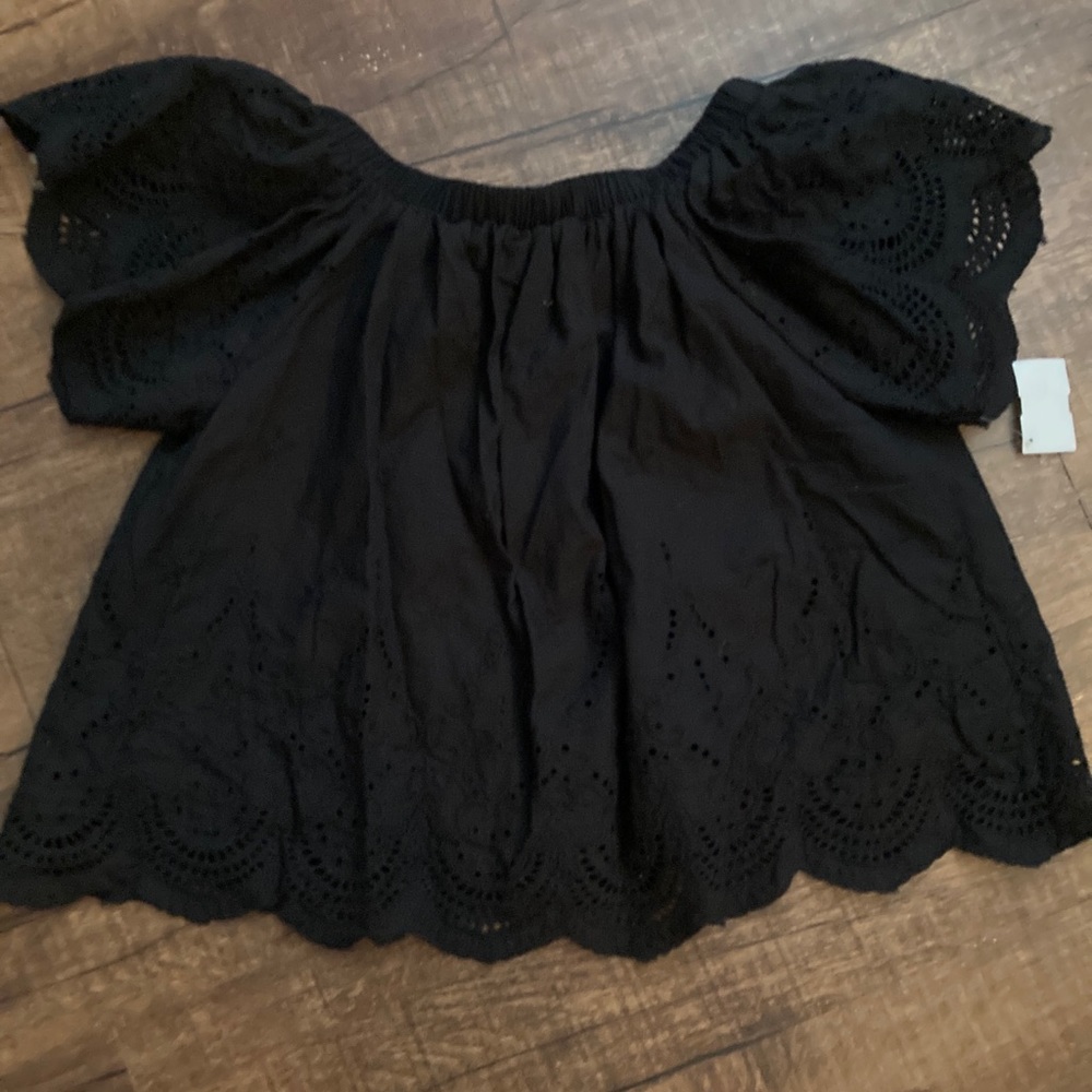 Black Cotton Eyelet Top, On or Off the shoulder with Elastic, Fully Lined, Med.